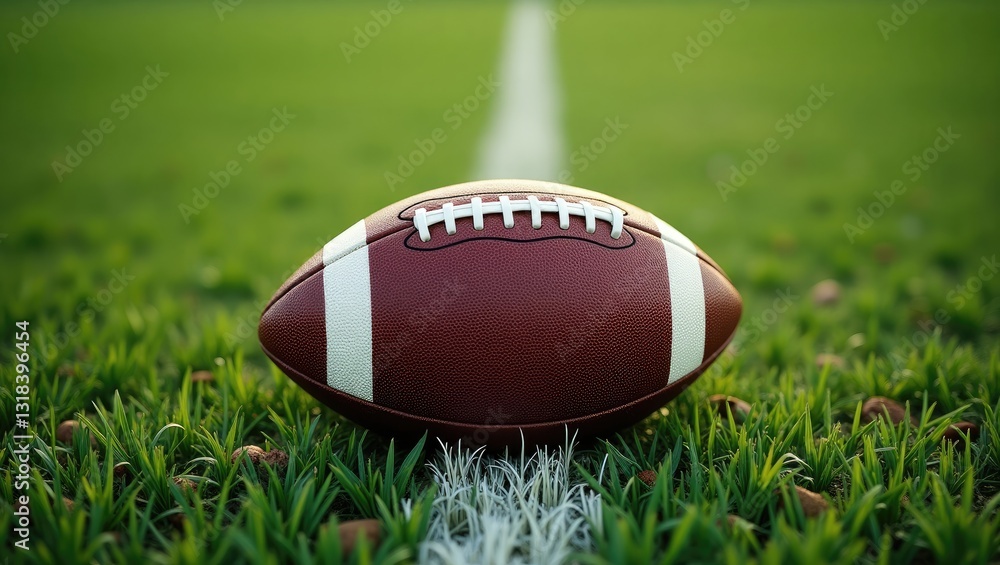 American football positioned on a line during a match. The ball is poised to be snapped to initiate a new play. Ample copy space available. American football positioned on a line during a match. The ball is poised to be snapped to initiate a new play. Ample copy space available.