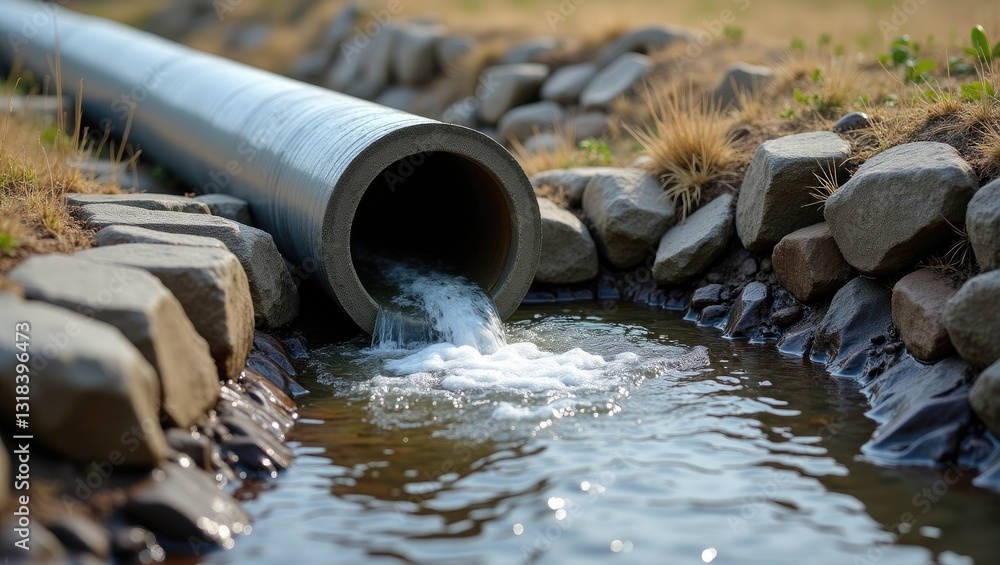 A sewage pipe discharges toxic wastewater into a river, leading to environmental pollution and ecological harm. A sewage pipe discharges toxic wastewater into a river, leading to environmental pollution and ecological harm.