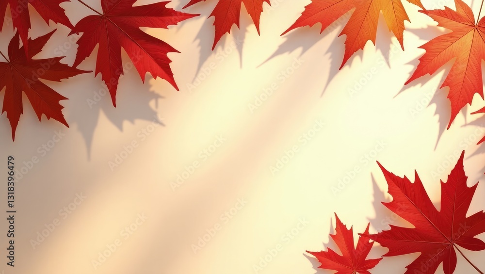 Autumn backdrop featuring red maple leaves on a table illuminated by sunlight. Autumn backdrop featuring red maple leaves on a table illuminated by sunlight.