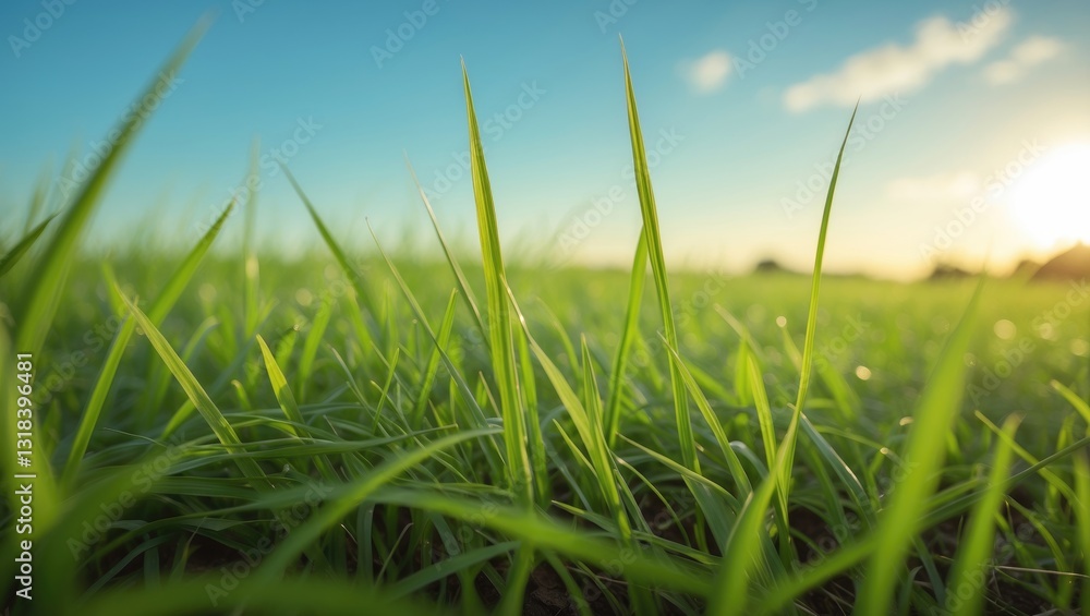 Fototapeta premium A sunny day in a field of newly established grass.