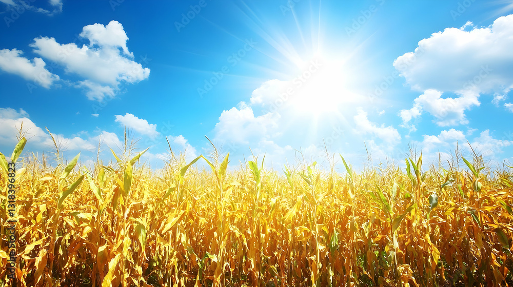 Obraz premium Golden Cornfield Under Sunny Blue Sky