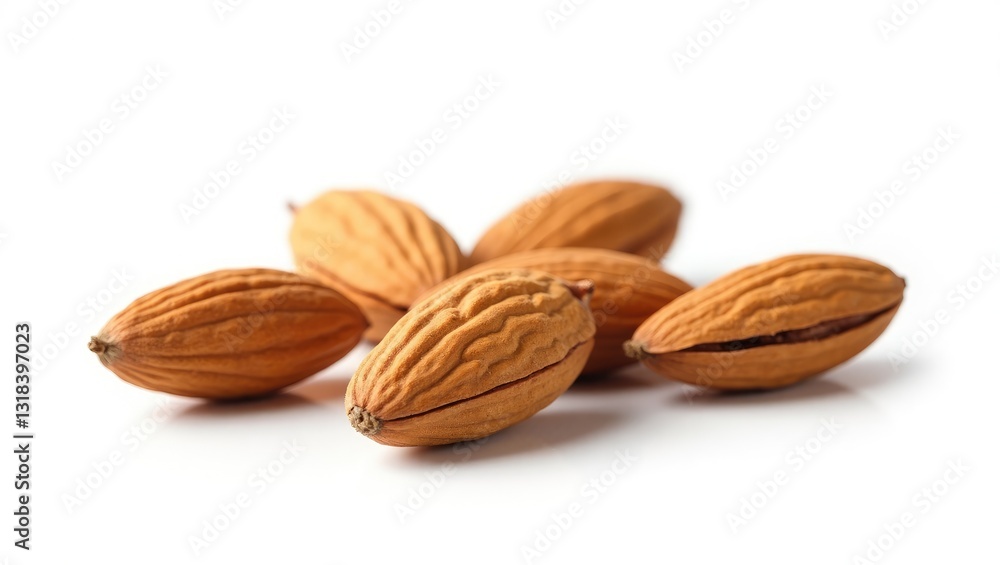 Almonds removed from their shells. Nuts against a white backdrop. Collection. Clipping path included. Complete depth of field. Almonds removed from their shells. Nuts against a white backdrop. Collection. Clipping path included. Complete depth of field.
