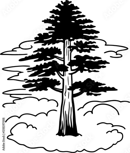 majestic cedar tree illustration bold black and white ink drawing with cloud background, nature concept