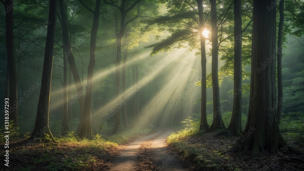 Obraz premium Beams of sunlight stream through tall leafy trees, creating a captivating moment in the woodland. A gentle mist hangs in the air, enhancing the tranquility and peace of nature.