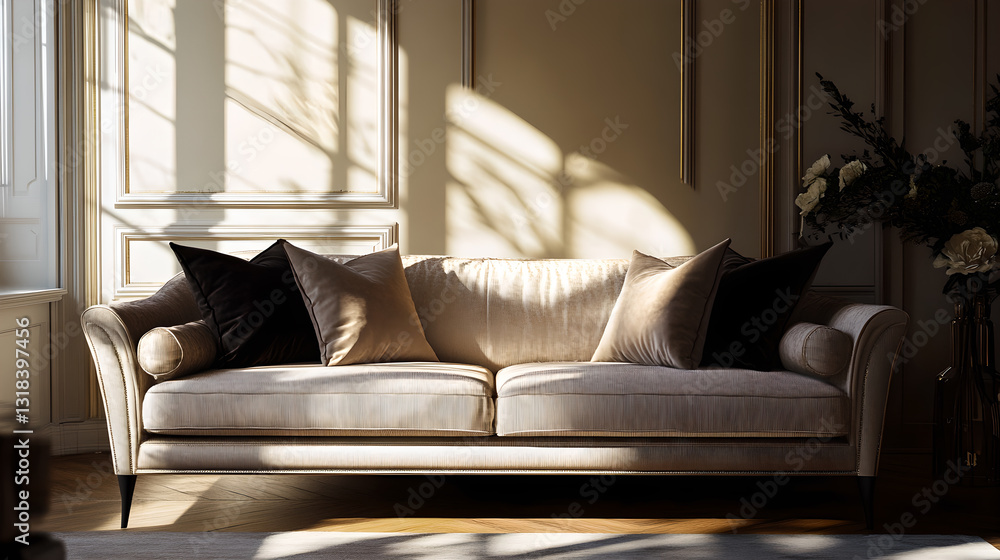 Fototapeta premium Warm Living Room under Dusk Light and Shadow