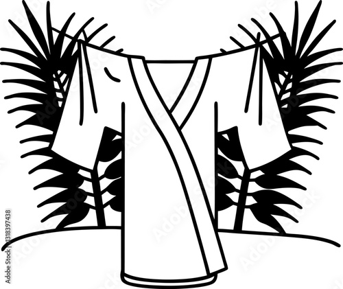 Traditional kimono outline with palm leaves in background, simple black and white illustration