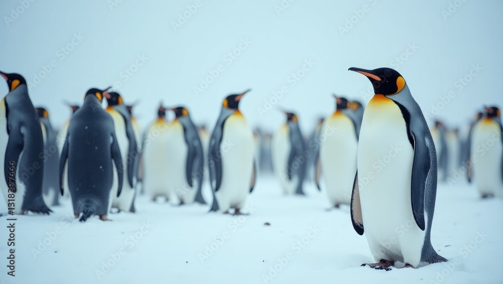Fototapeta premium A group of gentoo penguins in a snowstorm.