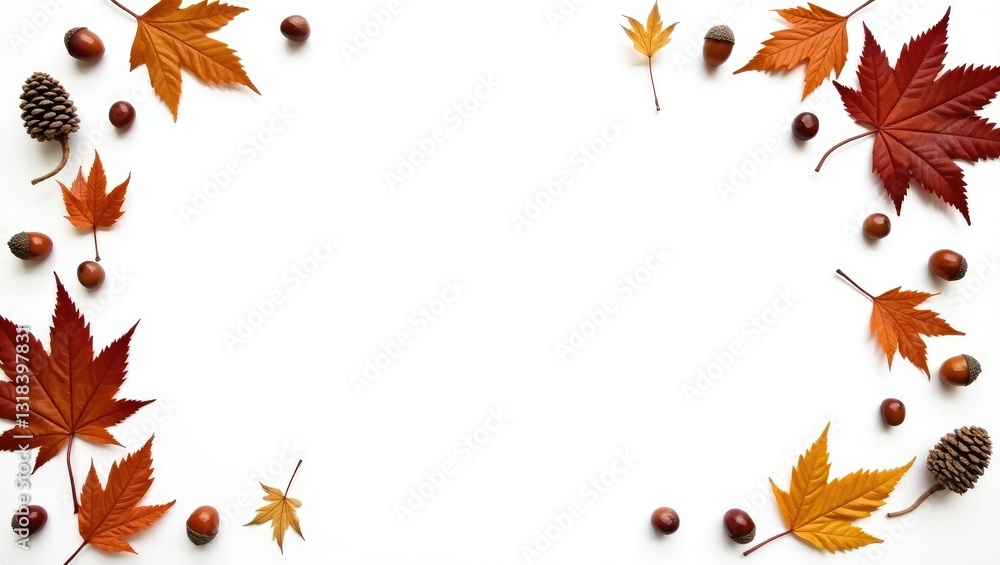 Autumn arrangement. A frame created from leaves, acorn, and pine cones on a white background. Flat lay, top view, copy space. Autumn arrangement. A frame created from leaves, acorn, and pine cones on a white background. Flat lay, top view, copy space.