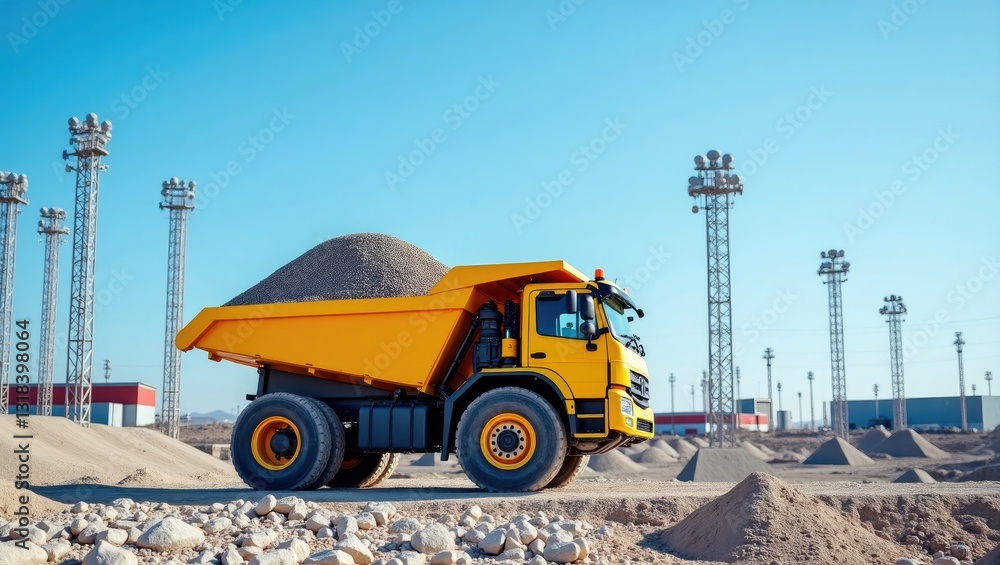 Obraz premium A Yellow Dump Truck is Actively Transporting Gravel at a Crowded Construction Site.