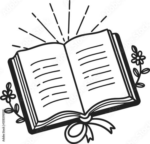 Open book with floral accents and decorative lines, symbolizing knowledge and creativity