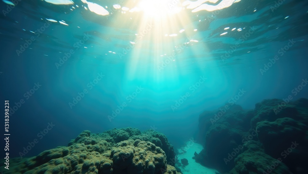 Fototapeta premium Artistic underwater image showcasing rays of light above the reef. Home decor and art for your interior design.
