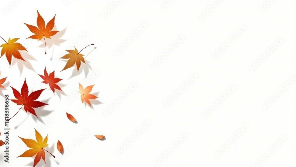 autumn maple leaves cascading on a white background with shadows autumn maple leaves cascading on a white background with shadows