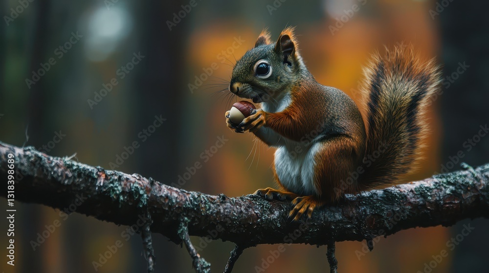 Squirrel Eating Acorn on a Branch in Beautiful Autumn Forest Squirrel Eating Acorn on a Branch in Beautiful Autumn Forest