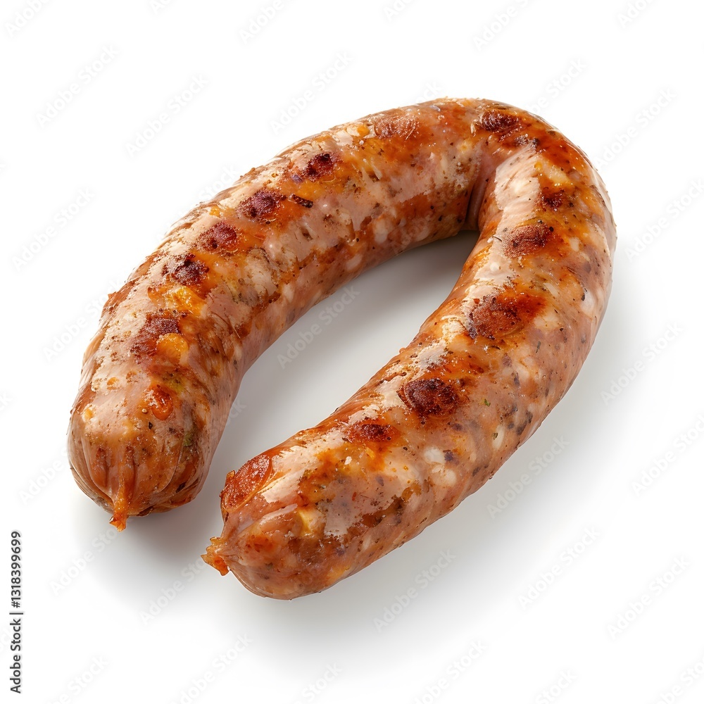 Freshly Grilled Sausage on White Background with Juicy Texture Freshly Grilled Sausage on White Background with Juicy Texture