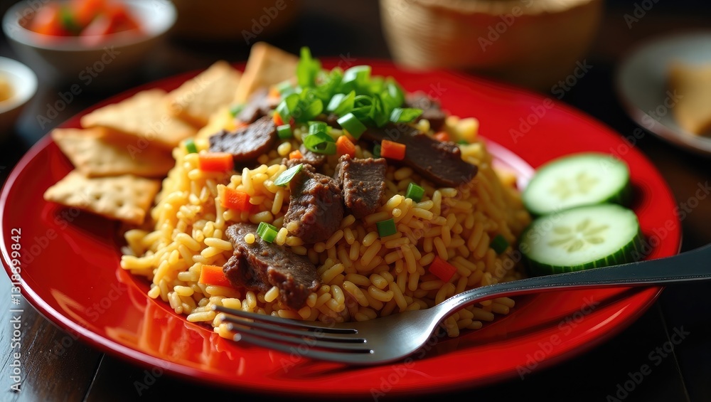 Nasi Goreng is a delicious fried rice dish that includes beef. It is prepared by stir-frying cooked rice with slices of beef, usually m. Nasi Goreng is a delicious fried rice dish that includes beef. It is prepared by stir-frying cooked rice with slices of beef, usually m.