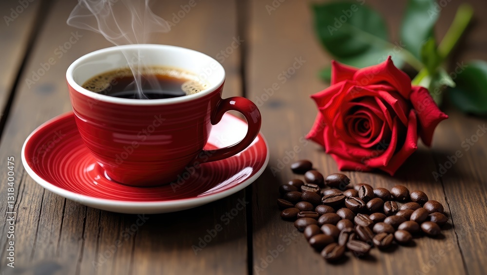 Fototapeta premium Aromatic coffee presented in a stunning red cup on a wooden table, complemented by a red rose and coffee beans.