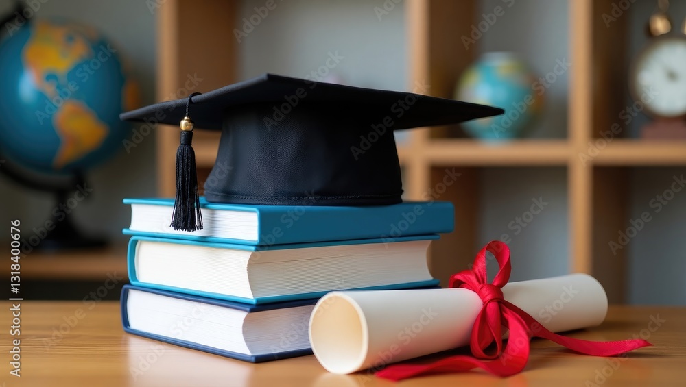 custom made wallpaper toronto digitalA mortarboard placed on books and a graduation scroll on the desk.