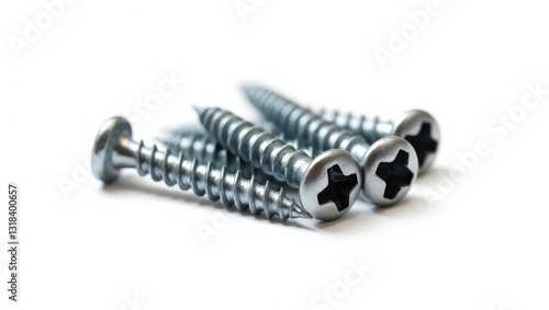 A collection of self-tapping screws roofing isolated. Screws used for roof fixing isolated on a white background. Metal fasteners.