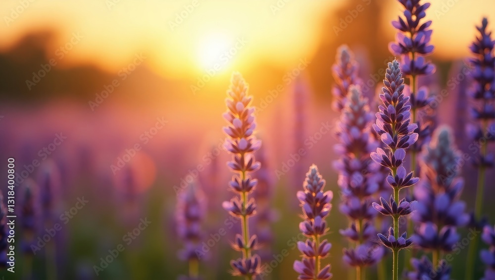 Fototapeta premium Blooming artistic blurred meadow, vibrant travel landscape. Sunset blossoms floral nature sunlight rays above summer purple flowers.
