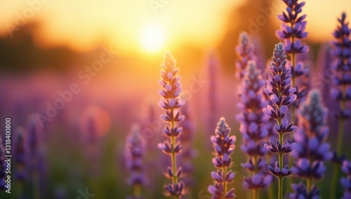 Blooming artistic blurred meadow, vibrant travel landscape. Sunset blossoms floral nature sunlight rays above summer purple flowers.