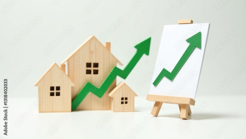 Wooden houses accompanied by a green upward arrow. Concept of high demand for real estate. Increase in energy efficiency of housing. Rise in house prices. Property. Population growth. Increase in m... Wooden houses accompanied by a green upward arrow. Concept of high demand for real estate. Increase in energy efficiency of housing. Rise in house prices. Property. Population growth. Increase in m...
