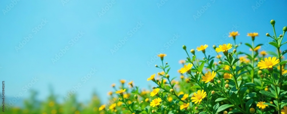 Small yellow flowers on low-growing shrub against blue sky, small, bright green