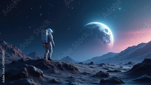 Fototapeta Naklejka Na Ścianę i Meble -  Astronaut standing on a rocky surface with a space backdrop, astronaut walking on the moon in a cosmosuit. Future concept.