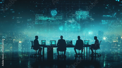 Futuristic technology meeting in silhouettes. Business professionals explore digital analysis. Modern cityscape with data and innovation at its core. Perfect for a corporate environment, showcasing