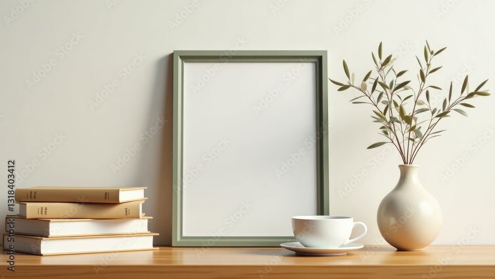 Breakfast still life. A cup of coffee, books, and an empty picture frame mockup on a wooden desk. A vase with olive branches. Elegant workspace, home office concept. Breakfast still life. A cup of coffee, books, and an empty picture frame mockup on a wooden desk. A vase with olive branches. Elegant workspace, home office concept.