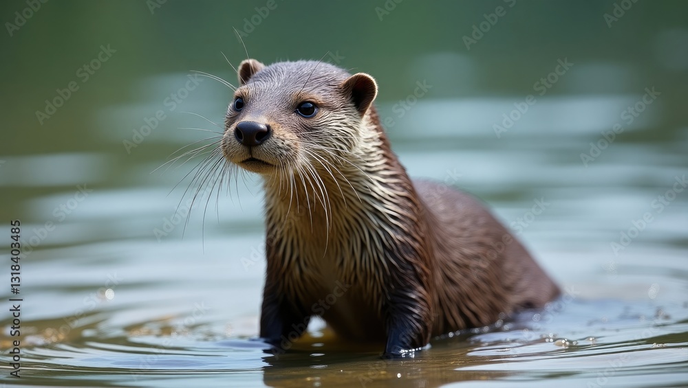 A solitary nutria is positioned attentively in the clear waters, highlighting its watchful expression and damp fur. A solitary nutria is positioned attentively in the clear waters, highlighting its watchful expression and damp fur.