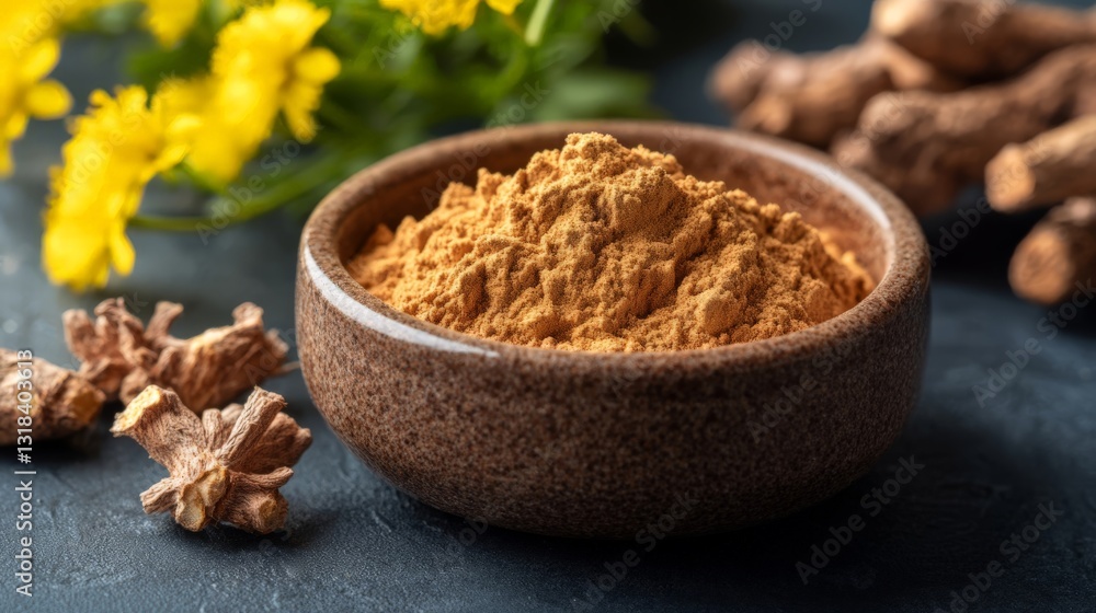 Brown Herbal Powder in Wooden Bowl with Yellow Flowers and Roots Brown Herbal Powder in Wooden Bowl with Yellow Flowers and Roots