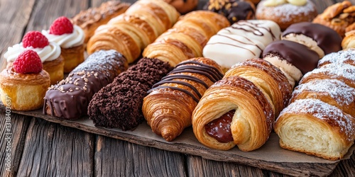 Wallpaper Mural An assortment of French pastries on a rustic table, including croissants, pain au chocolat, and clairs Torontodigital.ca