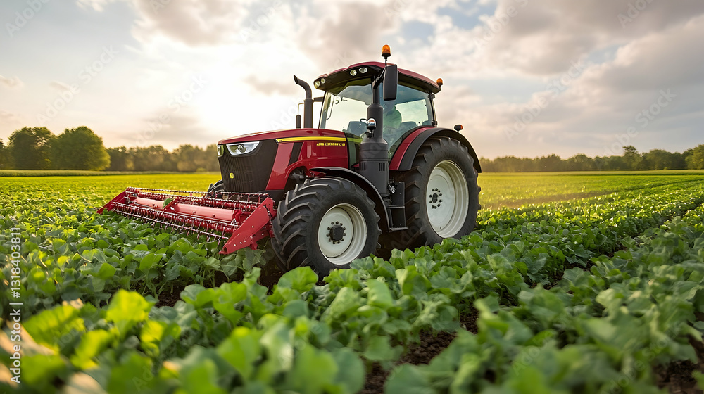 Red Tractor Working Lush Green Field Golden Hour Lighting Red Tractor Working Lush Green Field Golden Hour Lighting