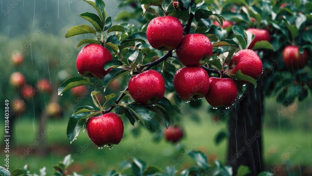 Obraz premium Autumn day. Rural garden. The frame features ripe red apples on a tree. Rain is falling.