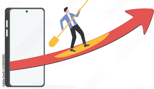 businessman surfing with smartphone on the rising arrow

