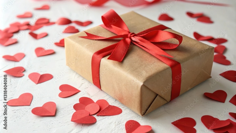 Obraz premium Gift wrapped in brown paper with a red ribbon bow surrounded by scattered paper hearts