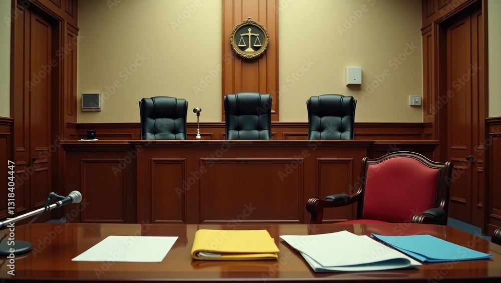 Naklejka premium A court setting featuring an empty judge's chair.