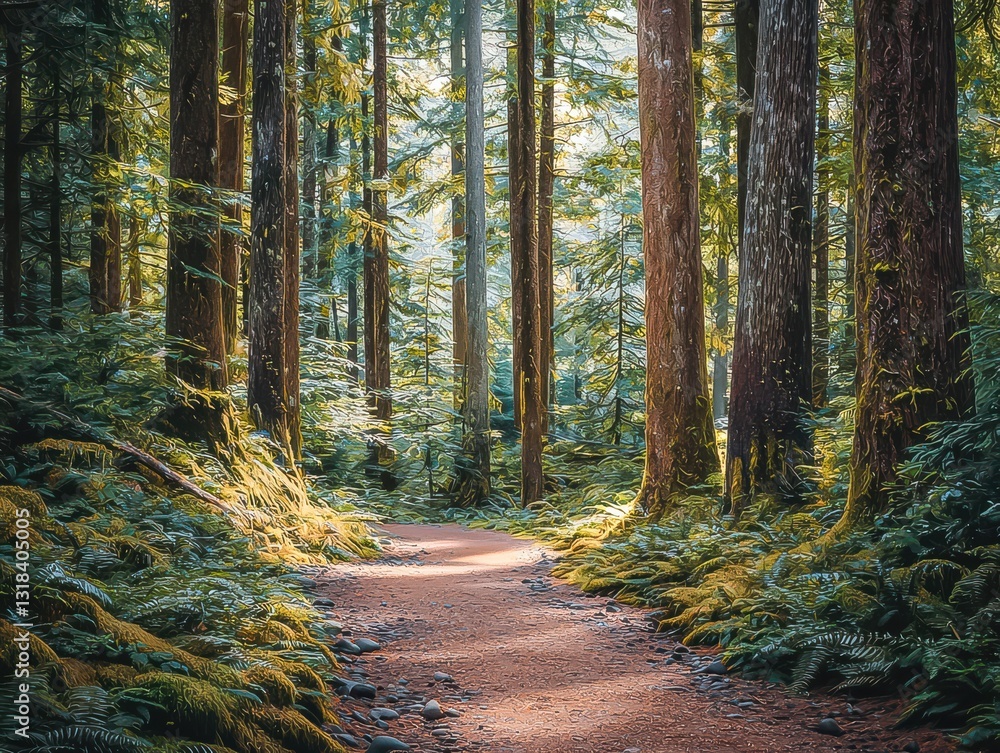 Fototapeta premium Nature's Summer Sanctuary: Forest Trail Path Through Woodland with Majestic Tree Under Green Canopy