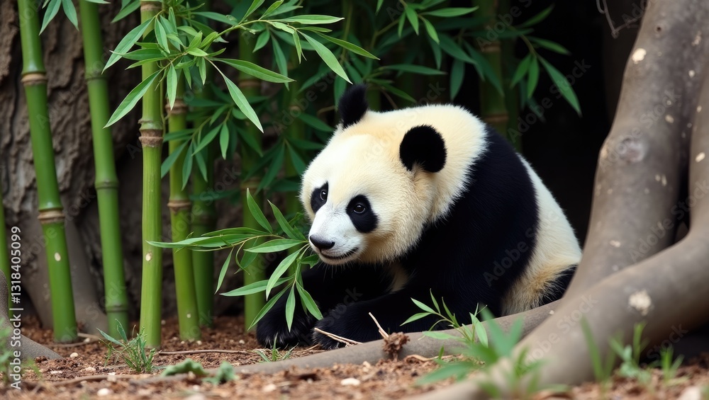 A Panda is concealed and munching A Panda is concealed and munching