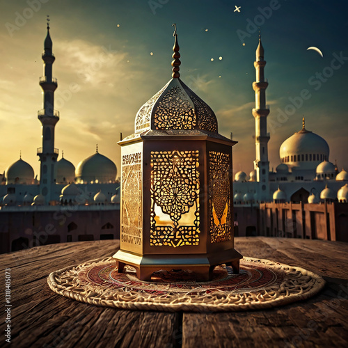 Eid mubarak and ramadan kareem greetings with islamic lantern and mosque Eid al fitr background