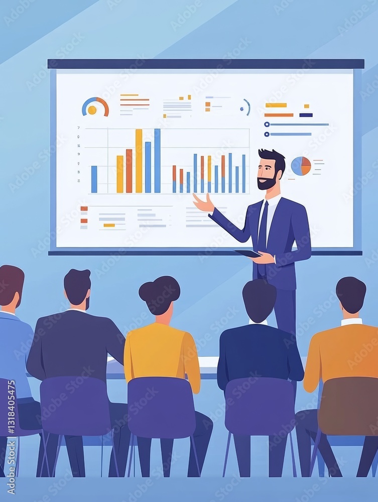 An investor presenting a startup pitch to a group of business professionals in a conference room, with a large digital screen showing graphs and statistics, in a 2D vector style. An investor presenting a startup pitch to a group of business professionals in a conference room, with a large digital screen showing graphs and statistics, in a 2D vector style.
