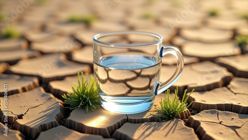 Concept of thirst, dehydration, and water scarcity. A glass of water on parched cracked earth.