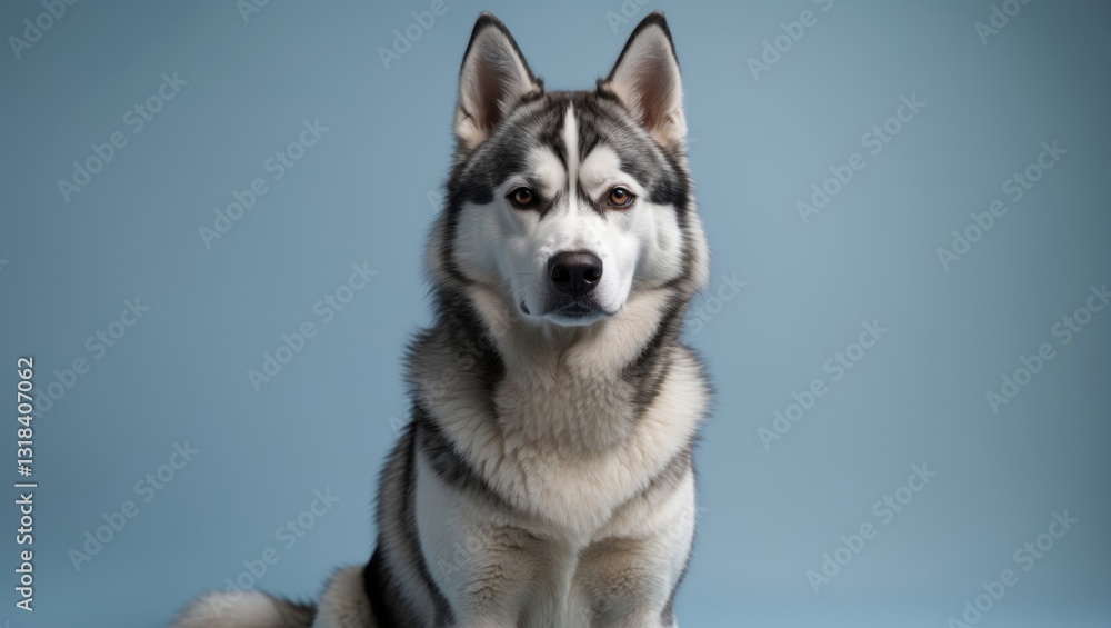 Attentive Siberian Husky captured in a tranquil studio, with a background that enhances its grey and white fur. This composed pose emphasizes the Husky's sharp gaze and balanced facial markings. Attentive Siberian Husky captured in a tranquil studio, with a background that enhances its grey and white fur. This composed pose emphasizes the Husky's sharp gaze and balanced facial markings.