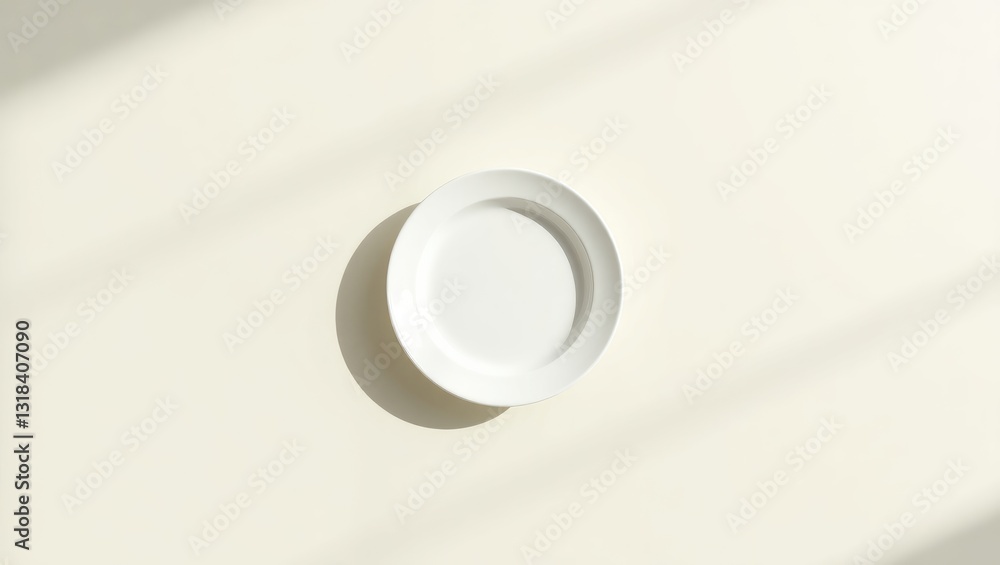 A plain white cream plate sits under the intense brightness of direct sunlight, creating a distinct shadow on a neutral background. A plain white cream plate sits under the intense brightness of direct sunlight, creating a distinct shadow on a neutral background.