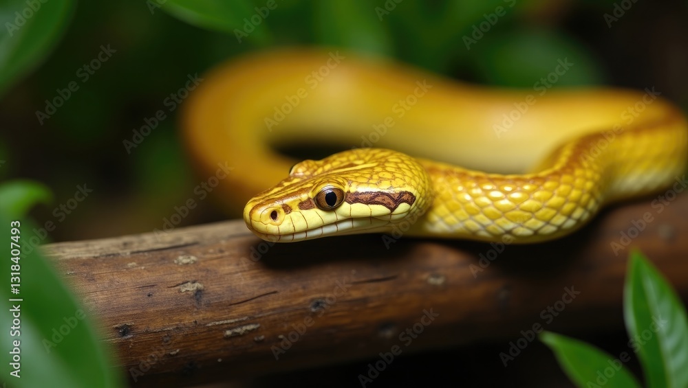 Fototapeta premium Craspedocephalus yellow flat-nosed snake in a close-up view resting on wood
