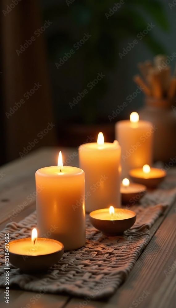 Kinara candle setup on a wooden table with a natural fiber runner, natural, wood Kinara candle setup on a wooden table with a natural fiber runner, natural, wood