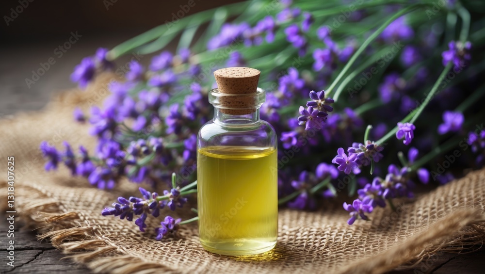 A bottle of essential oil alongside fresh blooming lavender branches. A bottle of essential oil alongside fresh blooming lavender branches.