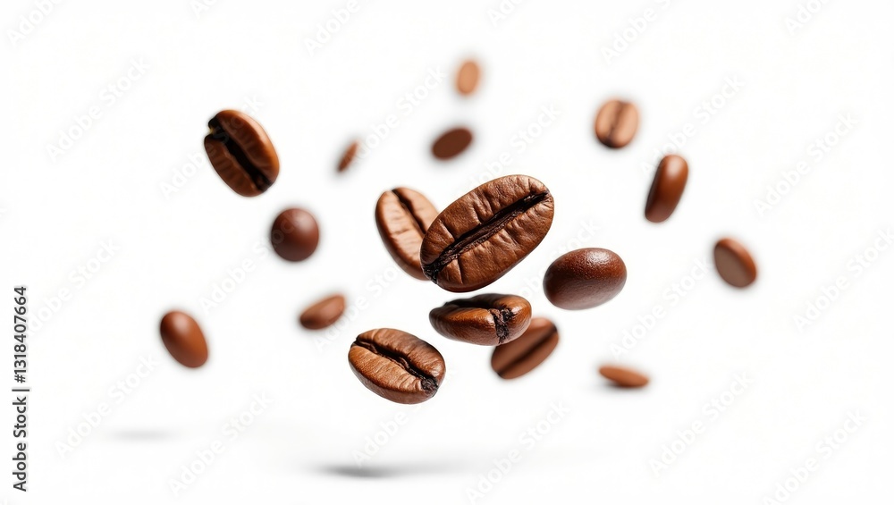 Coffee beans suspended in the air against a white background. Coffee beans soaring. Coffee beans suspended in the air against a white background. Coffee beans soaring.