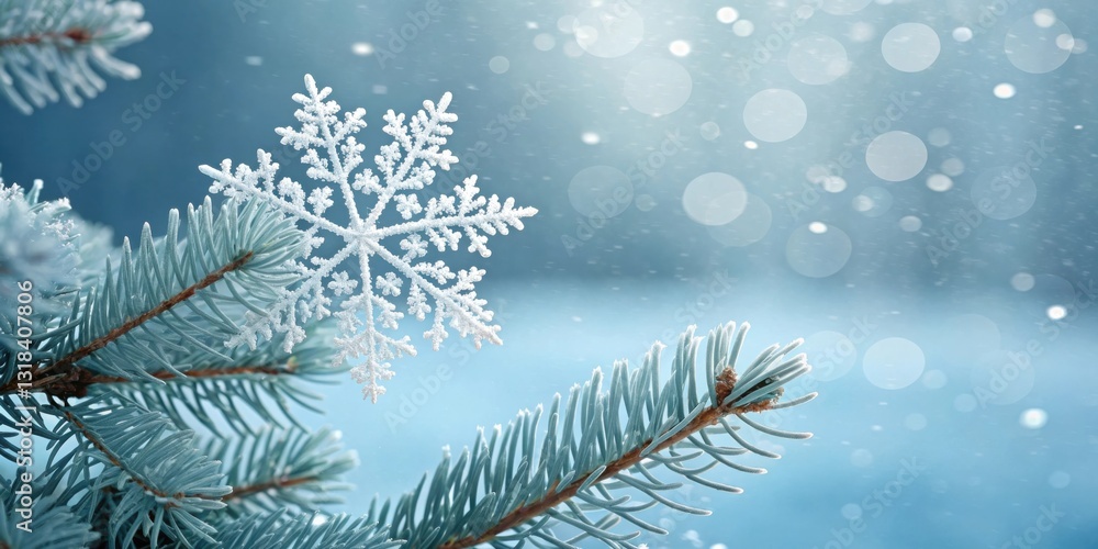 A Delicate Snowflake Resting on a Pine Branch, Capturing the Essence of a Frosty Winter Day A Delicate Snowflake Resting on a Pine Branch, Capturing the Essence of a Frosty Winter Day