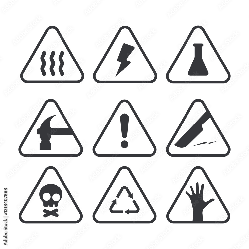 Bundle of triangle caution signs, exclamation mark, safety first, high voltage, skull poison, lab chemicals, and other warnings. Bundle of triangle caution signs, exclamation mark, safety first, high voltage, skull poison, lab chemicals, and other warnings.